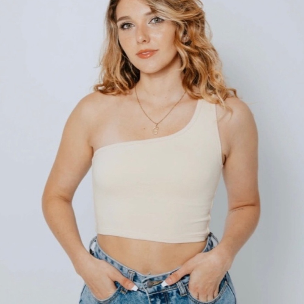 Klassy Network One-Shoulder Cream Crop Tank